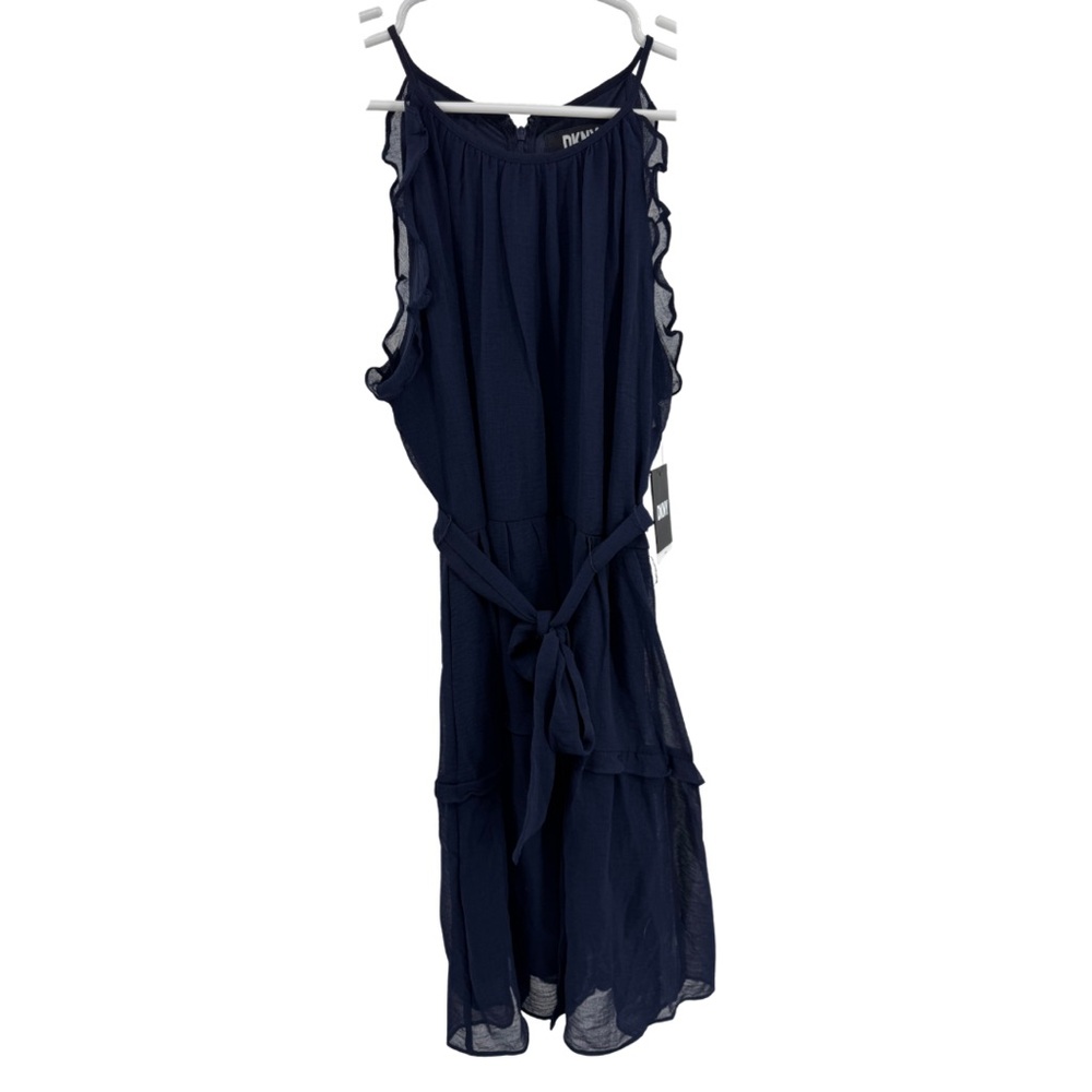 DKNY Navy Blue sleeveless ruffle high neck Dress tie waist knee length 12 new